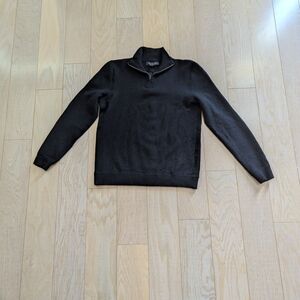 rag & bone Wool Black Quarter-Zip Sweater w/ Suede Arm Patches